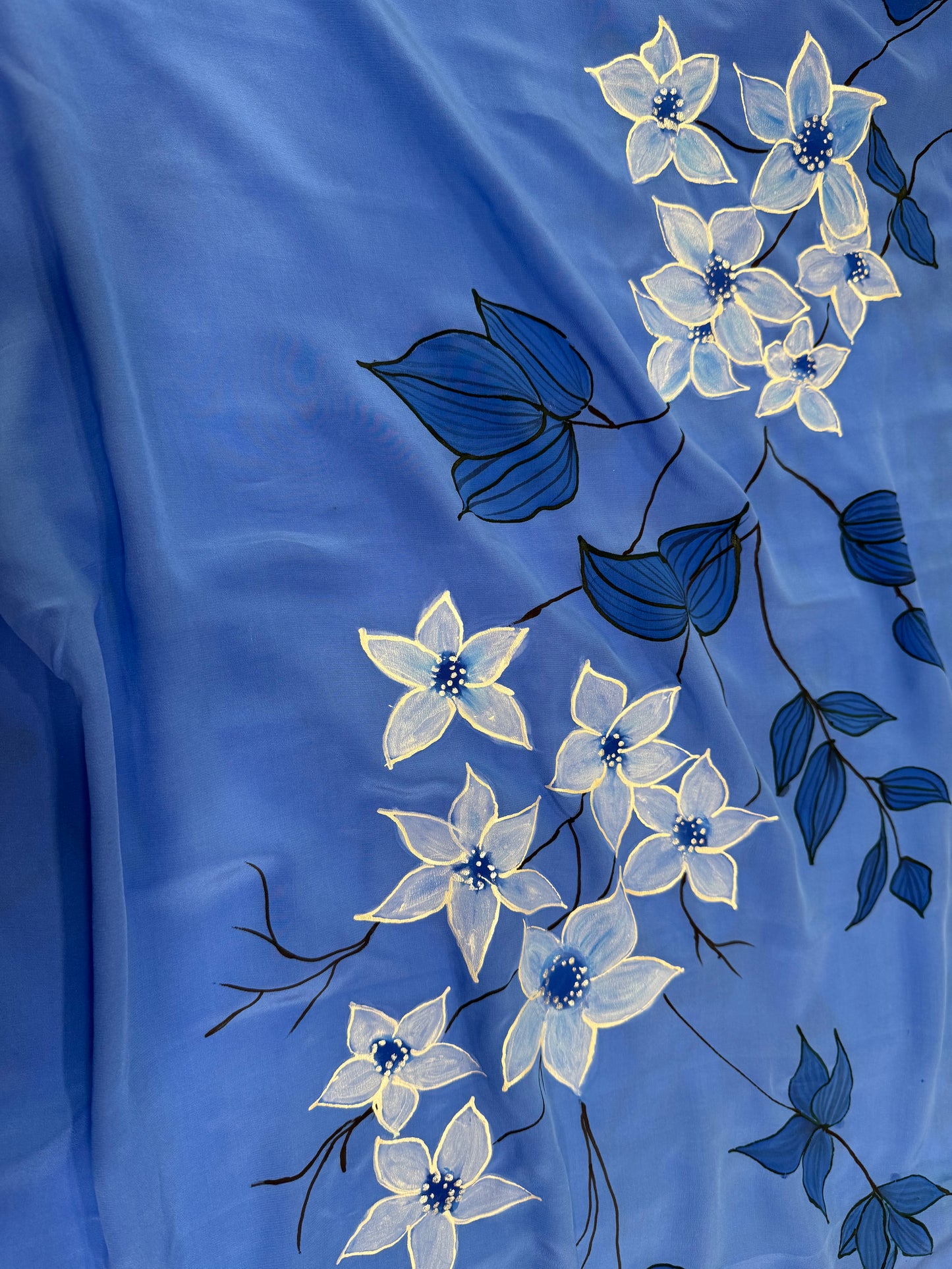 MOONLIT GARDEN FLORALS-Handpainted pure Crepe silk saree