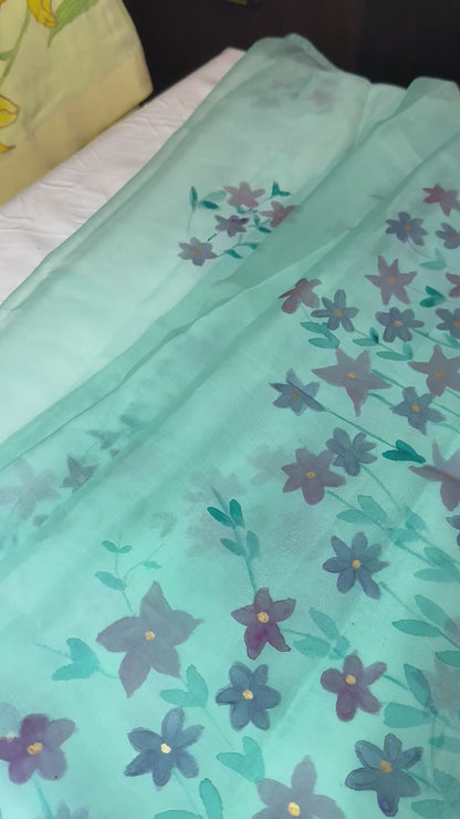 Botanical Grace — Handpainted Floral Green Organza Dupatta