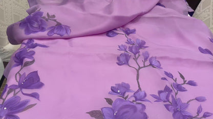Purple Magnolia Dream — Handpainted Mauve Organza Silk Saree