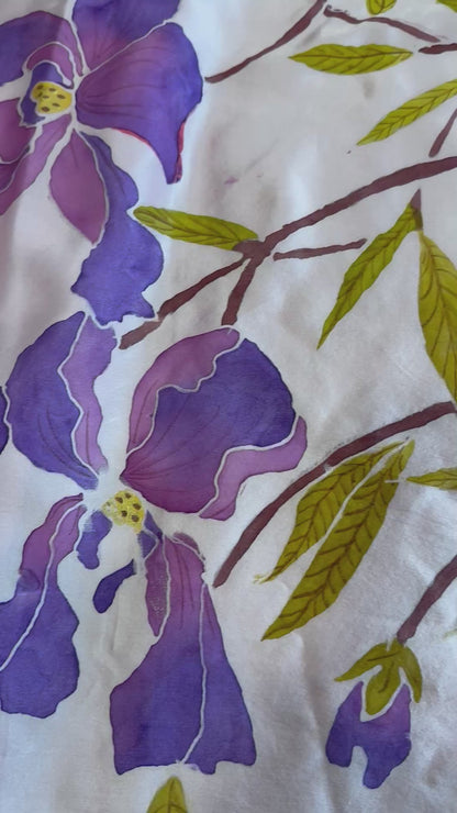 Violet Iris Bloom on Satin Silk