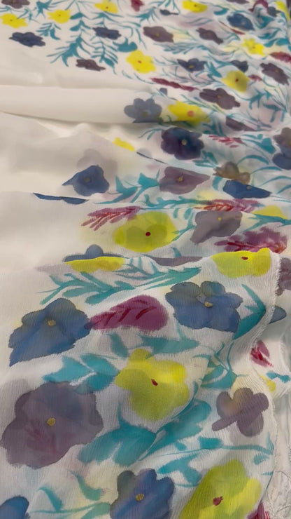 White Garden Poetry-Handpainted pure Chiffon saree