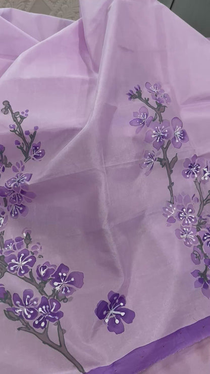 Misty Mauve Blossoms-Handpainted silk Dupatta