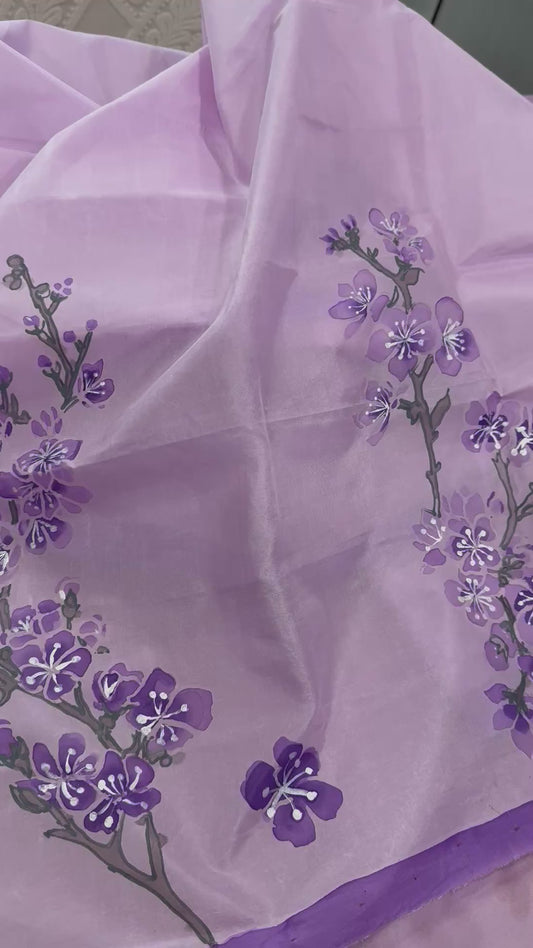 Misty Mauve Blossoms-Handpainted silk Dupatta