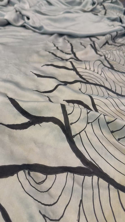 Ink and Mist-Handpainted Satin silk Saree