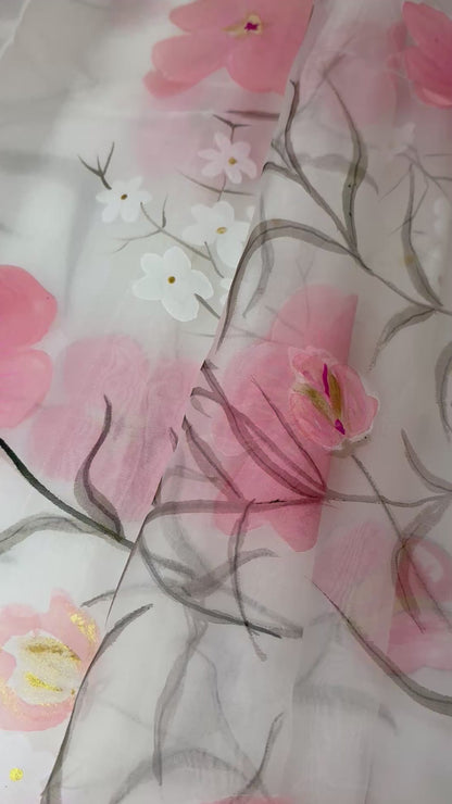Bloom & Sheer — Handpainted Floral White Organza Dupatta